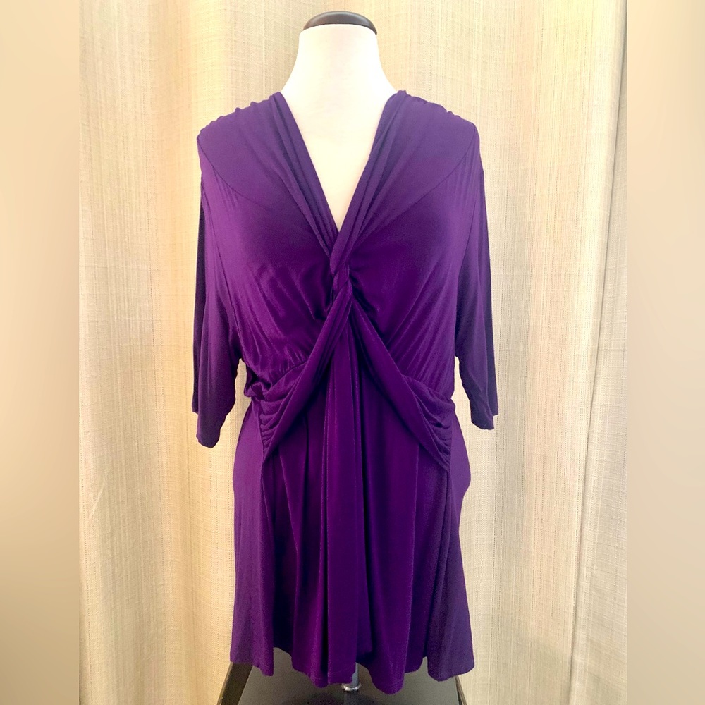 Kiyonna knit tunic top 2x gorgeous deep purple elastic waist draped front v neck